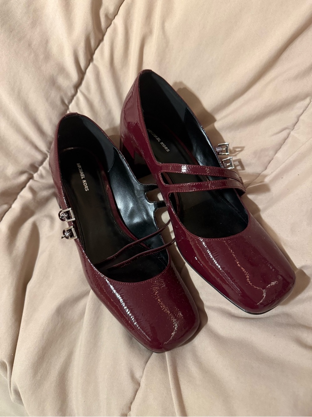 Michael Kors Patent Burgundy Double-Strap Mary Jane Heels